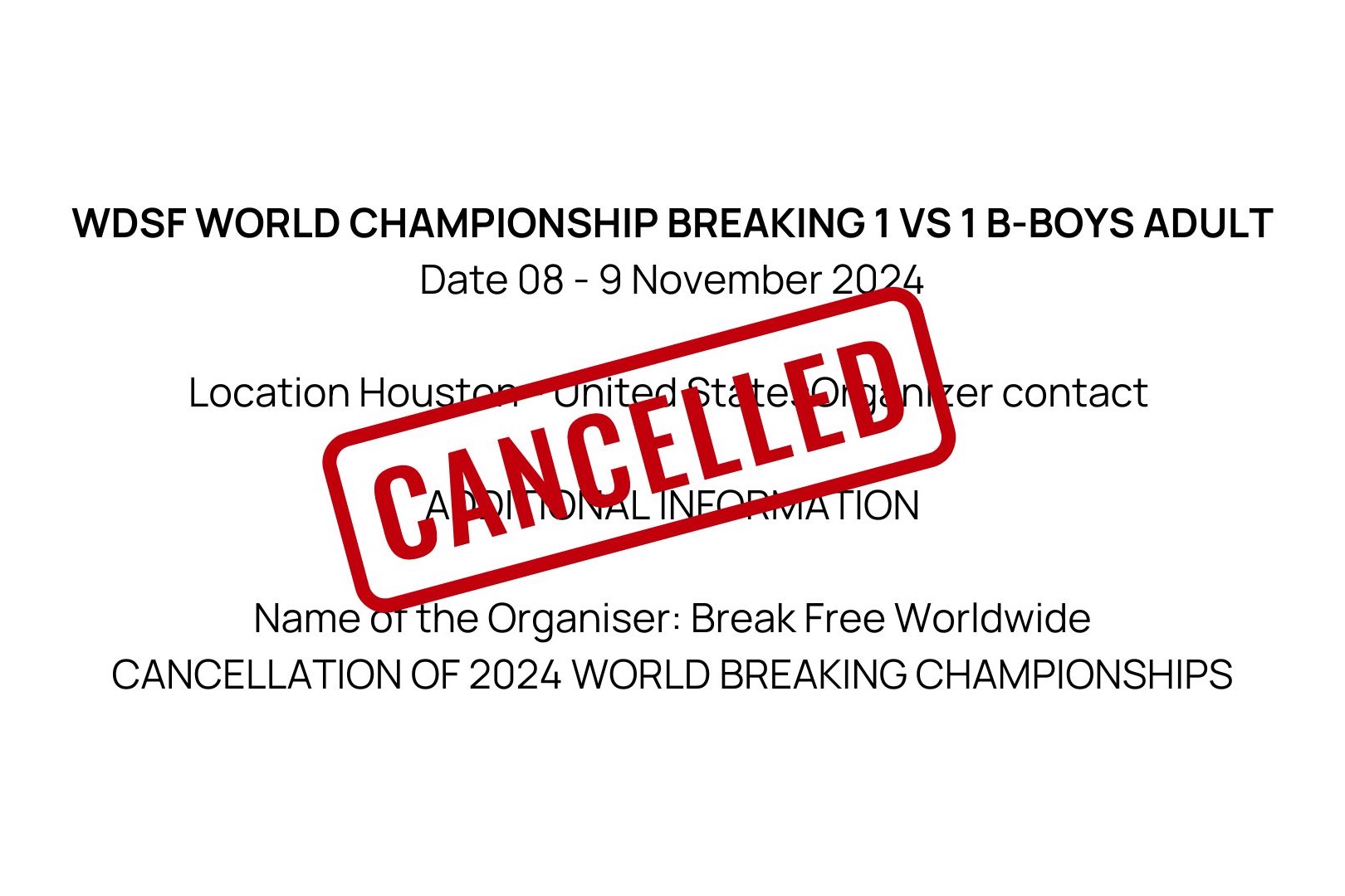 World DanceSport Federation (WDSF) that the 2024 World Breaking Championships Cancelled